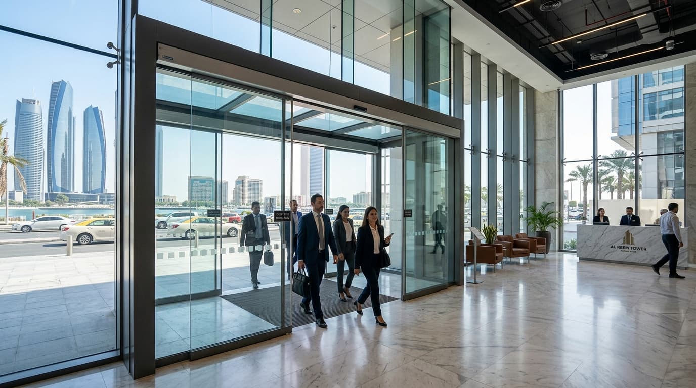 Placeholder for a photograph of an automatic glass door installation on Abu Dhabi Island
