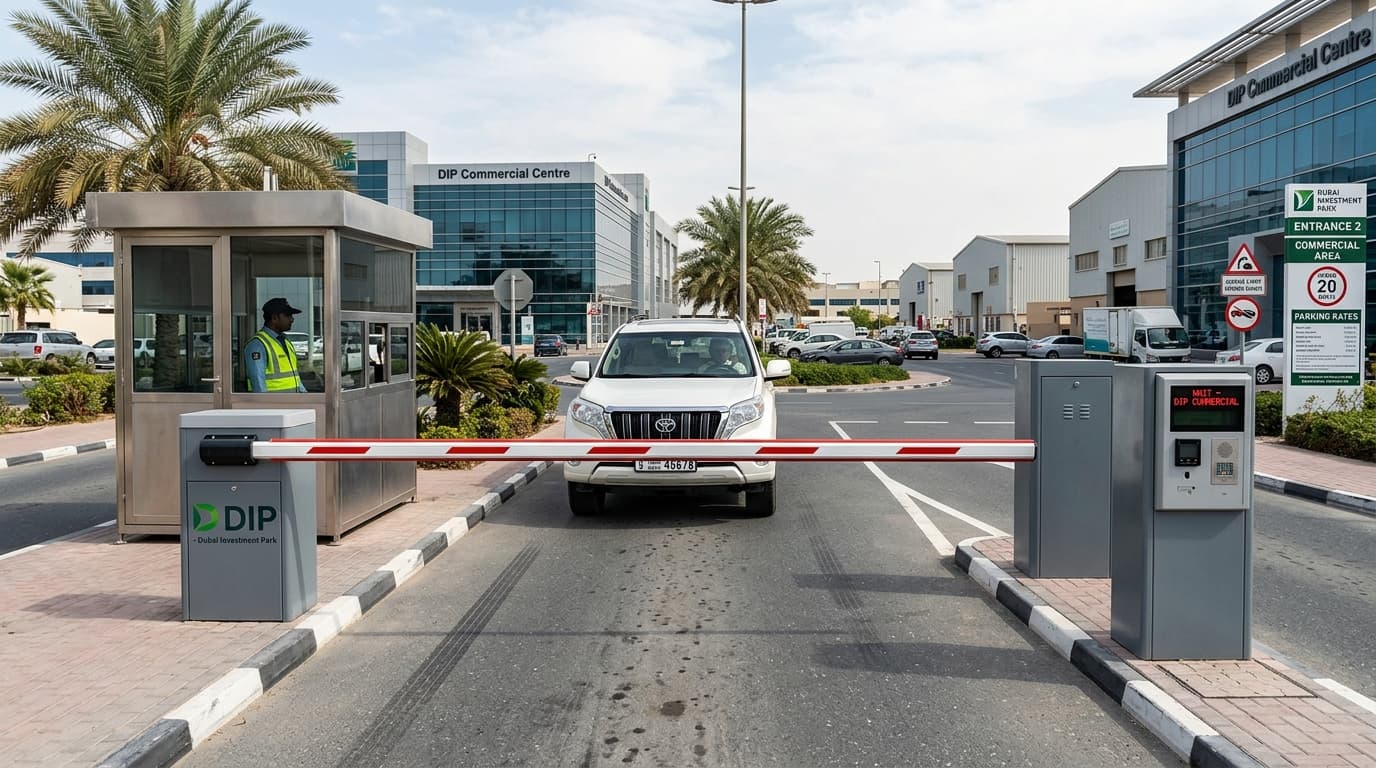 Placeholder for a photograph of an automatic road barrier installation at Dubai Investment Park